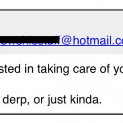 Screenshot of email reading "I'm interested in taking care of your retard. Is he full derp, or just kinda?"